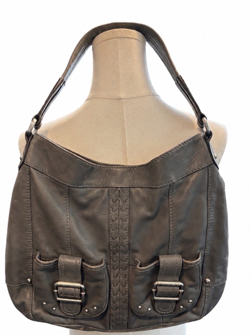 Tignanello Genuine Leather Hobo Shoulder Bag Gray Buckle Pockets Braided Detail